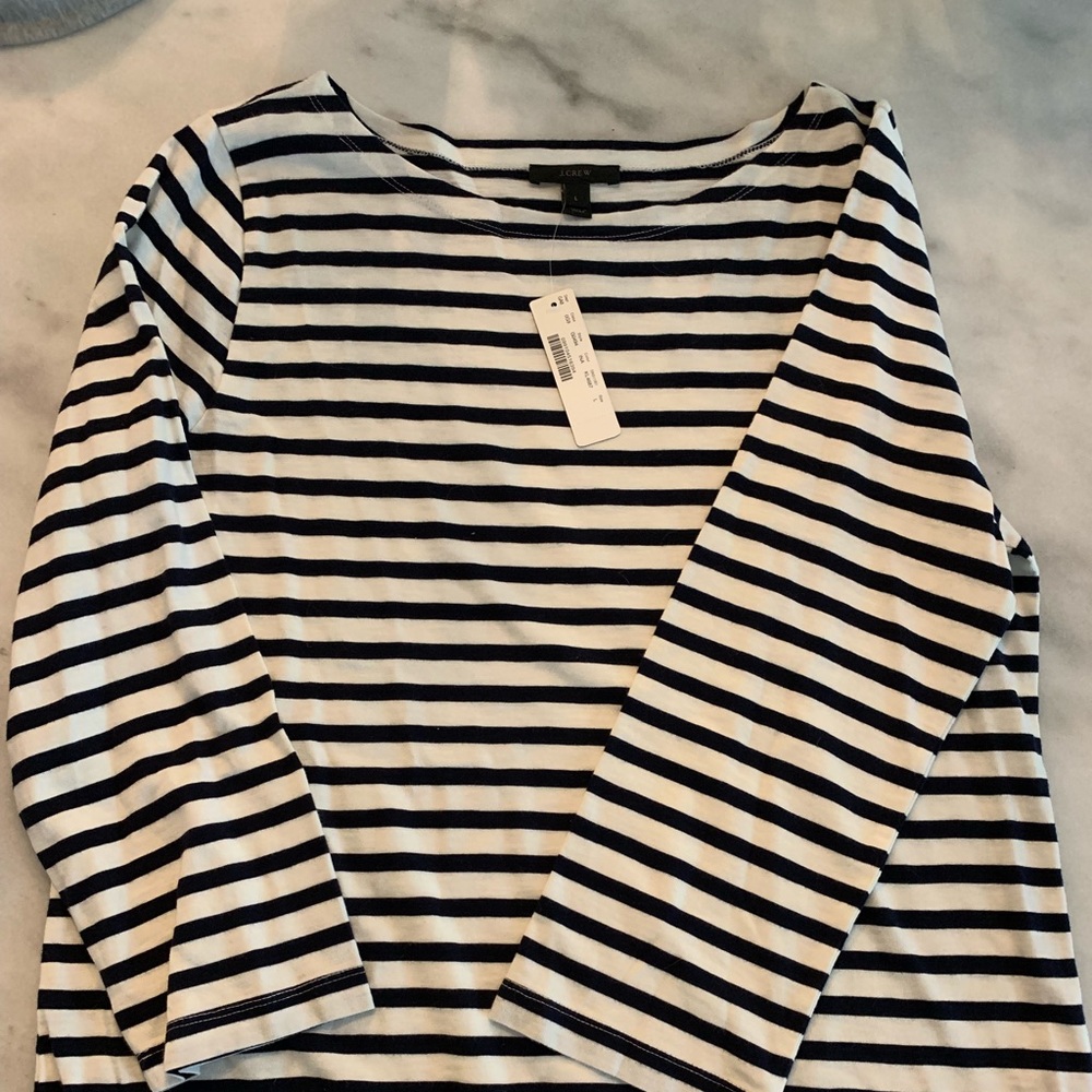 navy & white striped j crew 3/4 length sleeves top